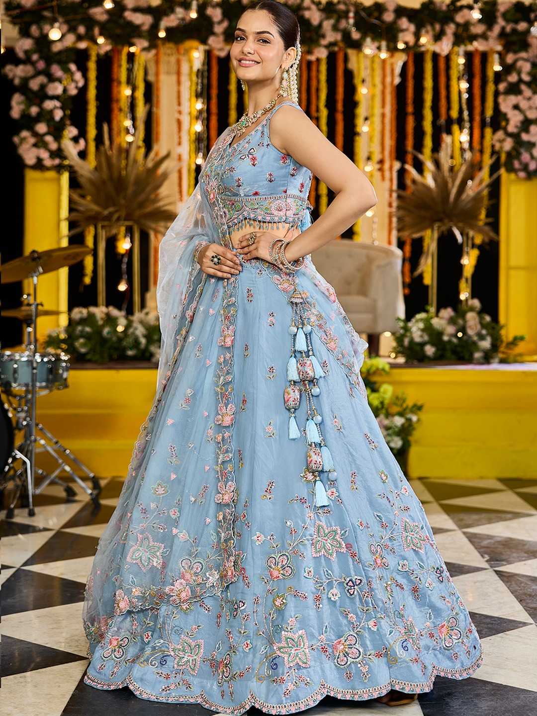 Satin Silk Embroidered Sequins Lehenga